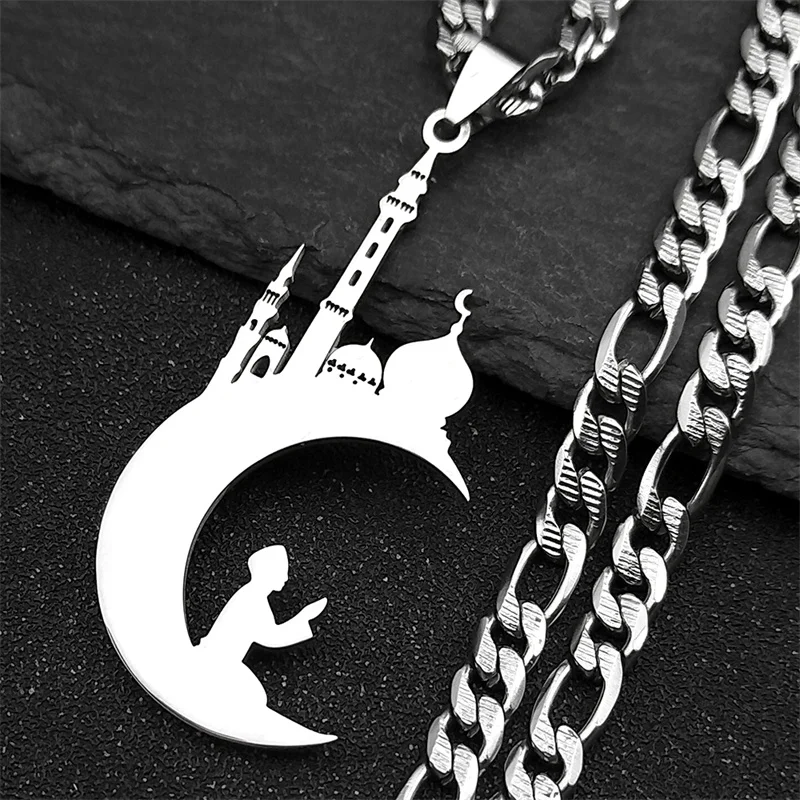 

Islamic Praying Church Muslim Pendant Necklace for Women Men Stainless Steel Gold Color Islam Moon Religion Chain Jewelry