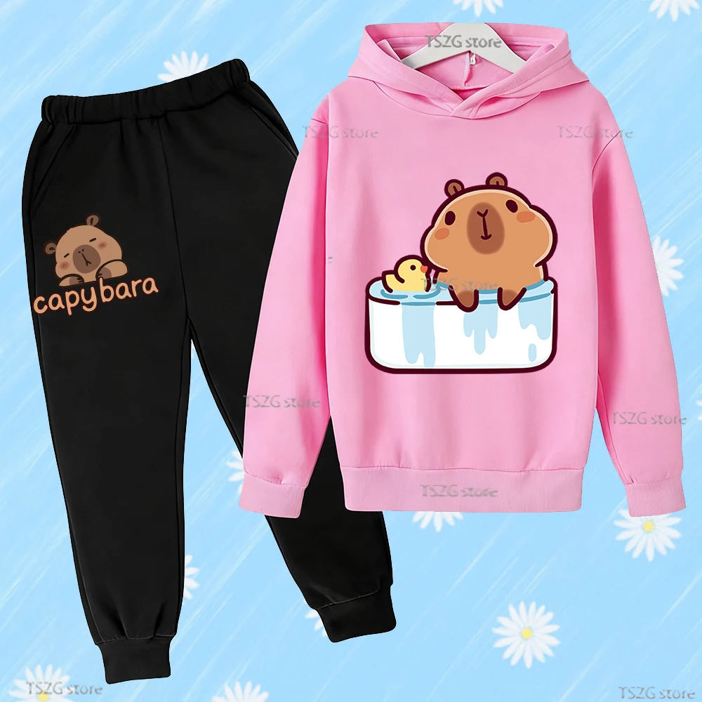 

Autumn Long Sleeve Cartoon Capybara Printed Hooded Children's Hoodie Set Kid Comfortable Boys Girls Pants Suits 2Pcs Tracksuits