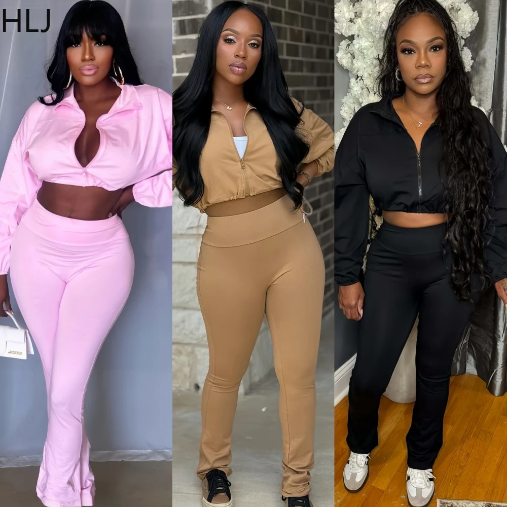 

HLJ Winter New Fashion Sports Woman 2 Piece Set Outfit Solid Color Drawstring Patchwork Crop Top + Leggings Female Streetwear