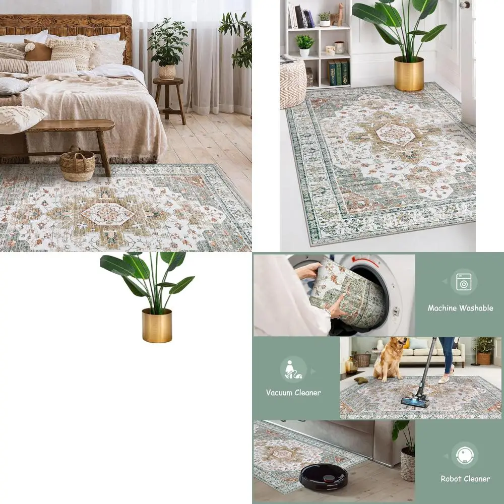 

Моющийся коврик с низким ворсом 5x7 — бежевый/золотой акцент для гостиной, столовой, спальни или игровой комнаты