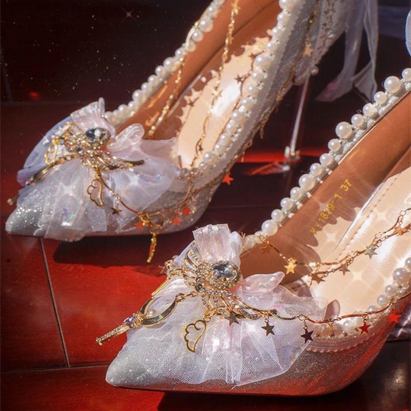 Lolita Elegant Palaca Girl Shoes Noble Party Lace Bowknot Pearls Gems Wedding Pointed Sandals Adult gift crystal high heels