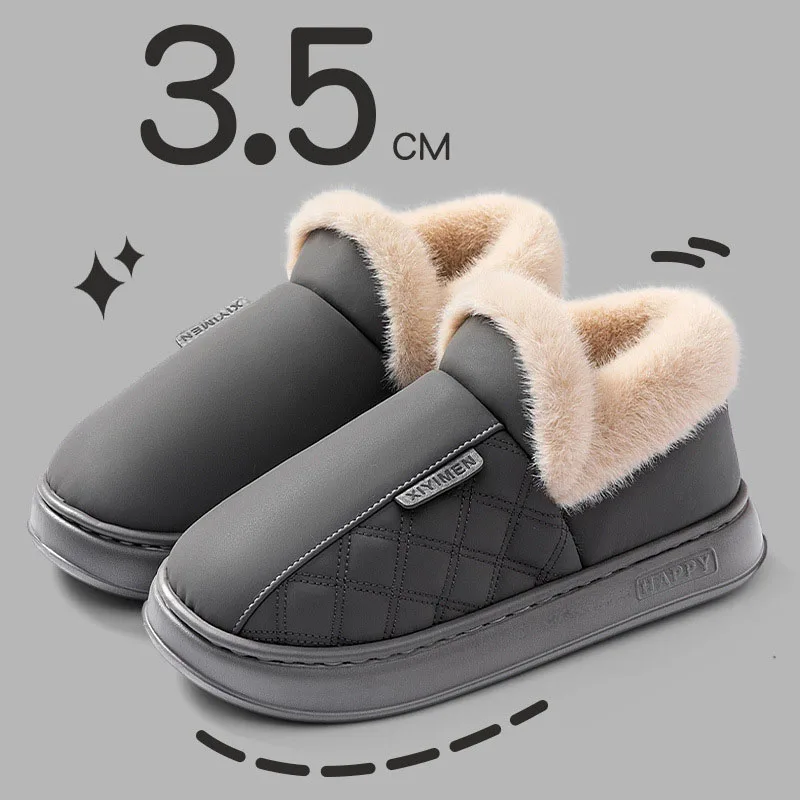 Men's Home Winter Slippers Home Warm Shoes Thick Bottom Plush Waterproof PU Leather Couples Anti-slip Flat Cotton Shoe for Women