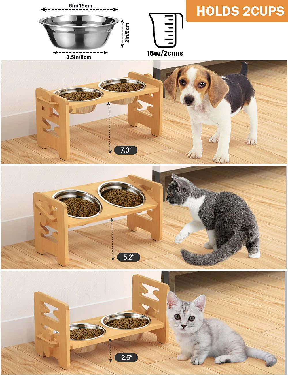 Elevated Dog Bowls Bamboo Tilted Adjustable Dogs Feeder Stand with Stainless Steel Food Bowls for Puppies Cats Pet Accessories