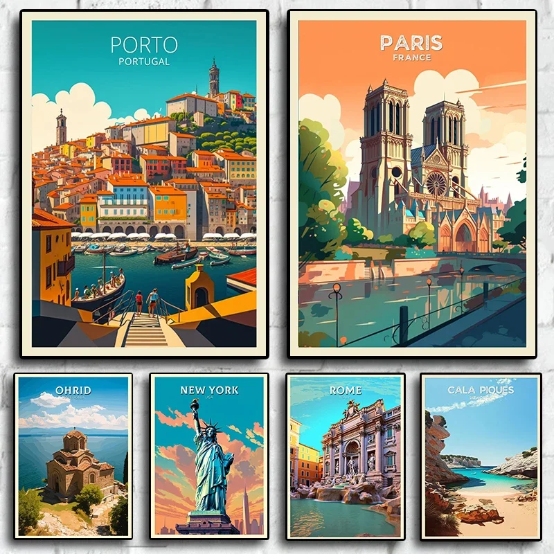 Porto Paris, estilo nórdico retro, decoración de pared para el hogar, cuadros artísticos de viajes y turismo, impresiones en lienzo para sala de estar, pósteres turísticos G