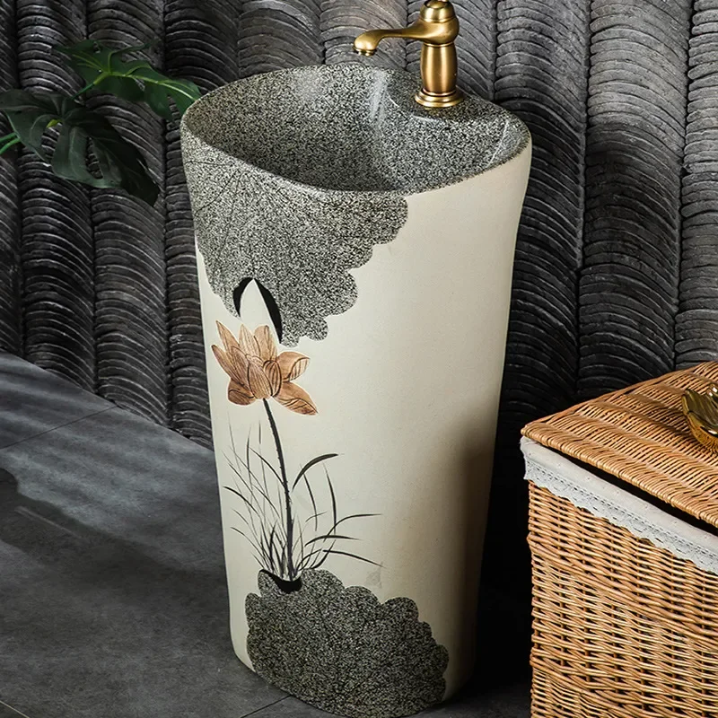 Ceramic Column Basin Integrated Floor Washbasin for Bathroom Balcony Outdoor Use with Carved Design
