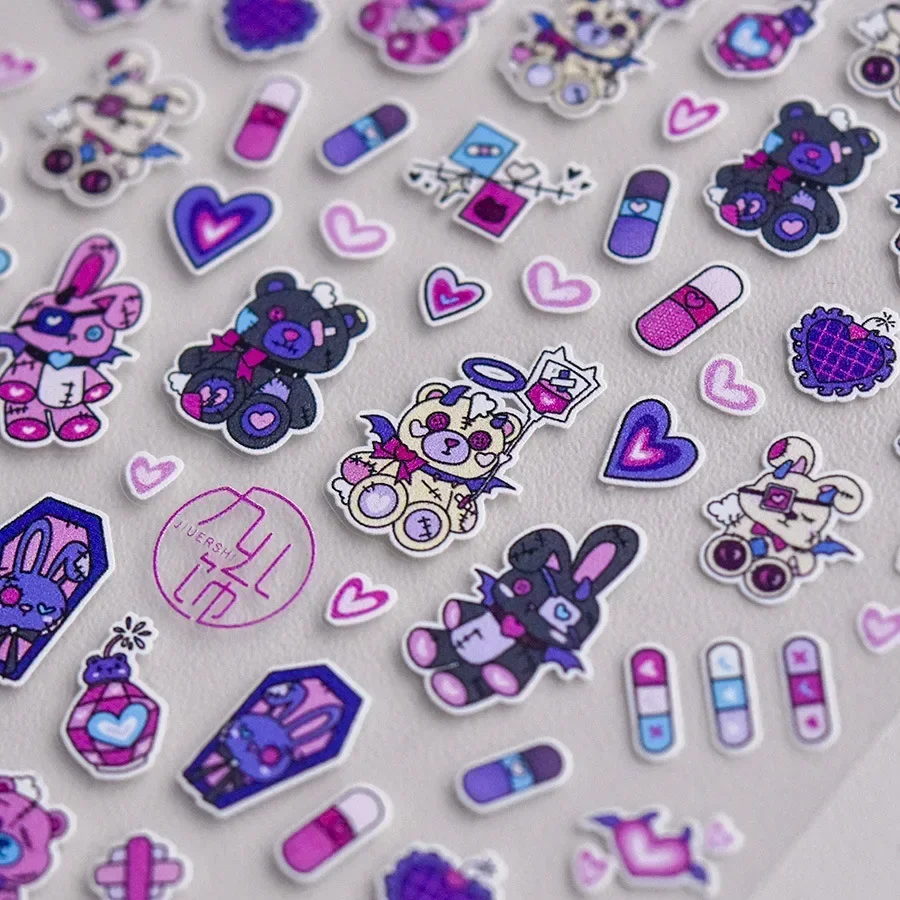 Darkness Blue Purple Bunny Bear Capsule Drug Wound Heart Rabbit Black Magic 3D Self Adhesive Nail Art Sticker 5D Manicure Decals