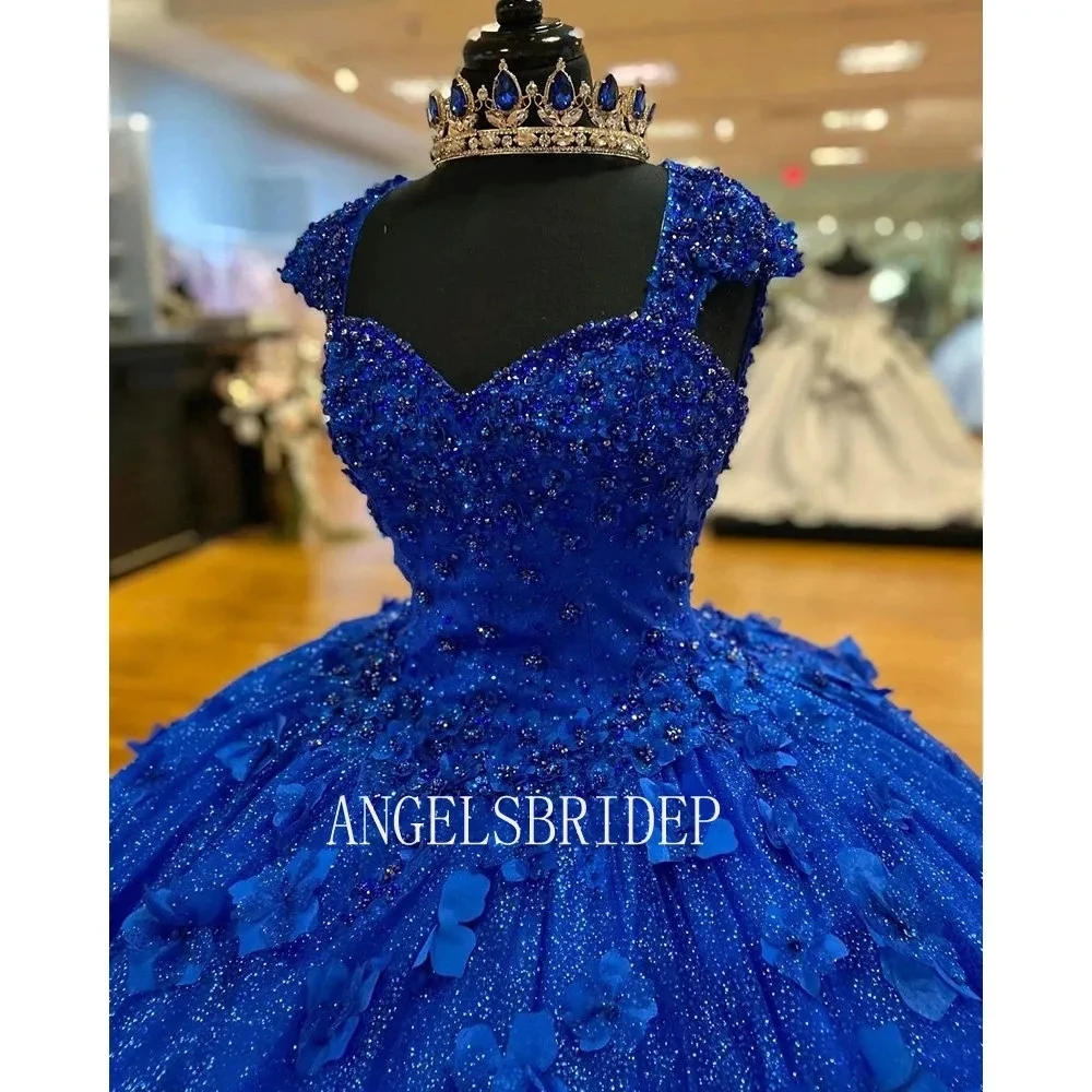 Angelsbridep-Vestido de baile azul royal brilhante para meninas, vestido Quinceanera, manga boné, flor 3D, Sweet 16, vestidos formais para ocasiões