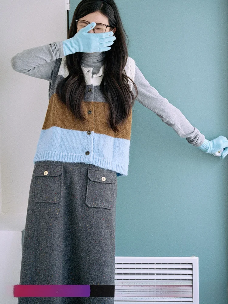 

Nordic Sle Color Blo Wool Blend Knitted Vest Women's Autumn Winter Single Button Svel round Ne Vest Jicouture