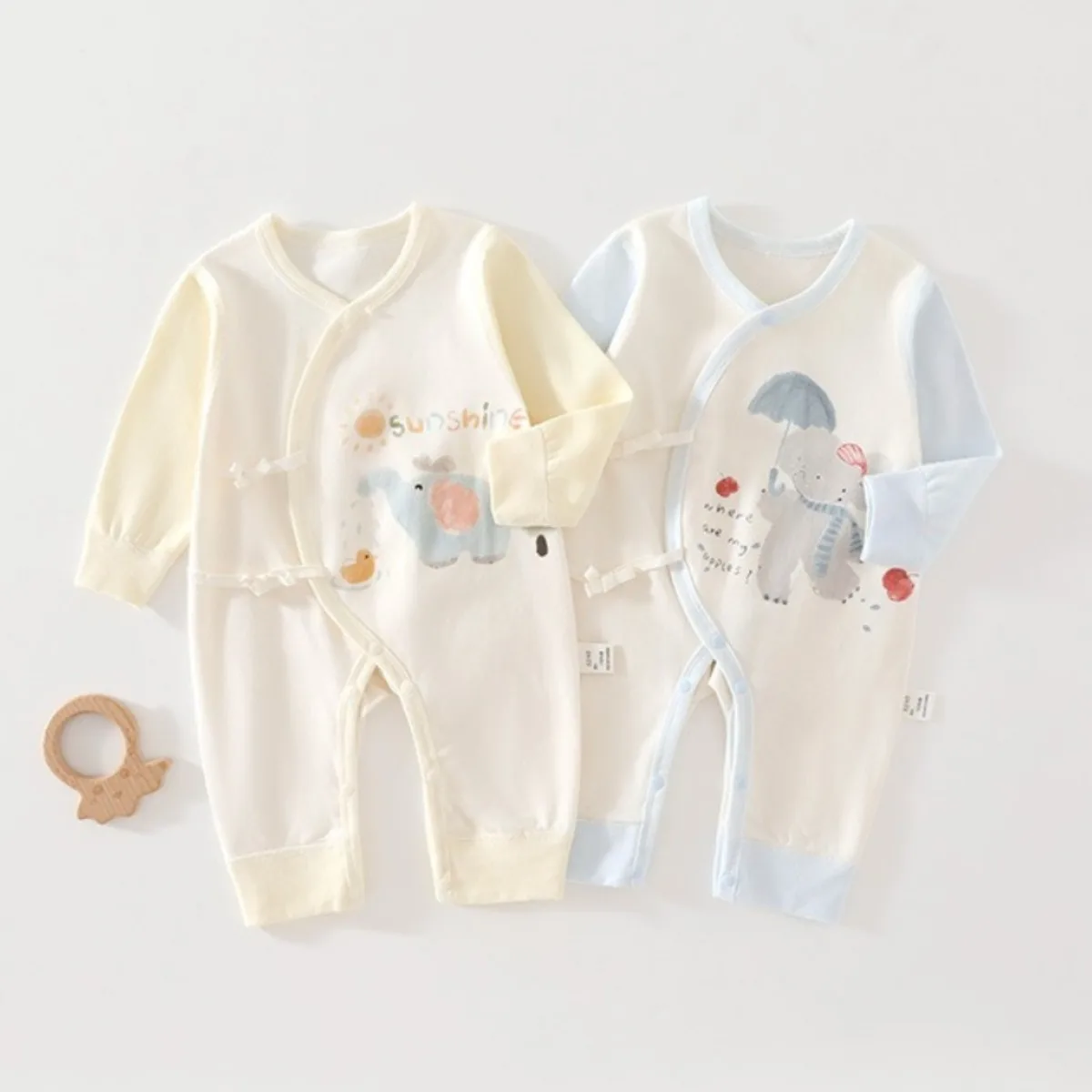 Adjustable Side Tie Baby Romper Soft Cotton Long Sleeve Onesie Cute Print Newborn Bodysuit Breathable Spring Fall Clothes 0-6M