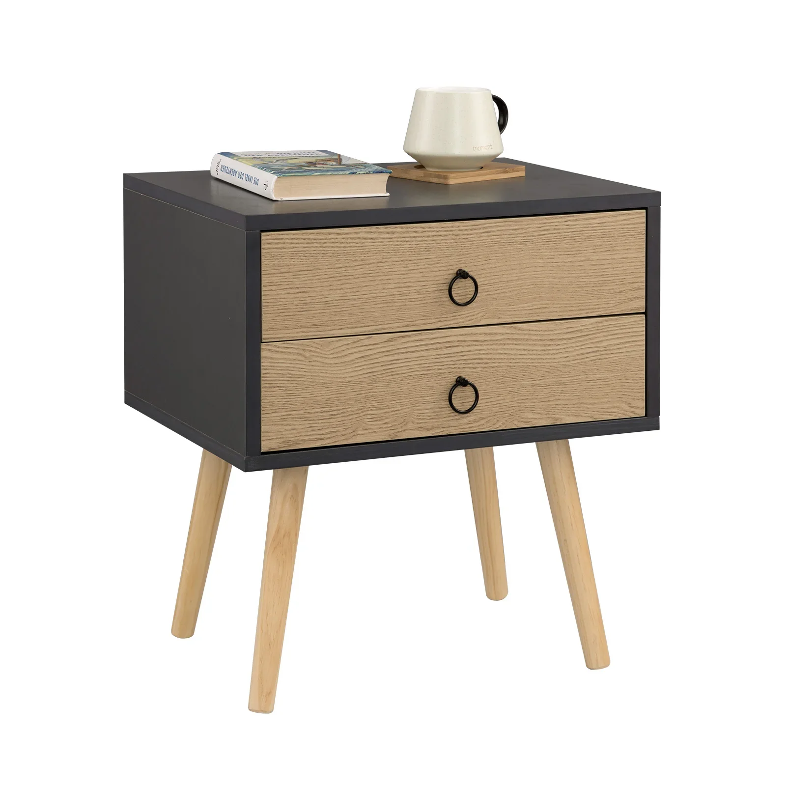 1PC Grey Bedside Tables with 2 Drawers Nightstand Modern Coffee Tea Storage Cabinet Wooden Legs Home Bedroom Furniture