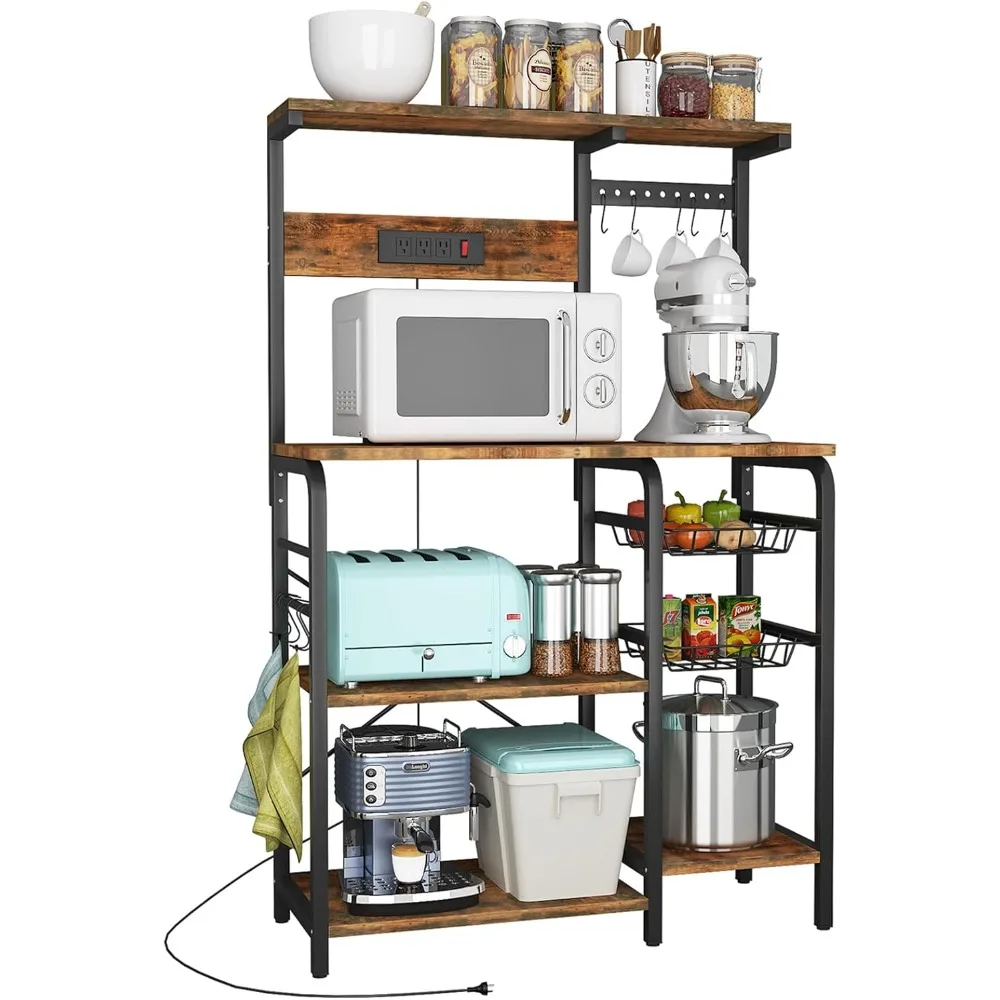 

Kitchen Bakers Rack with Power Outlet, Bakers Racks for Kitchen with Storage, Microwave Stand with Storage, Kitchen Rack