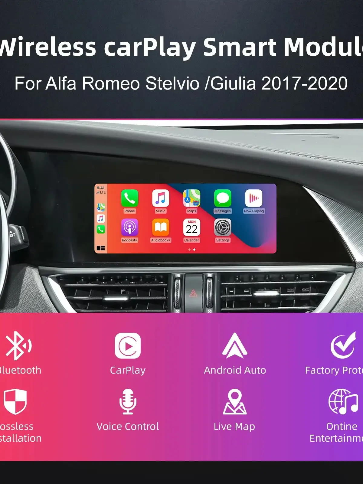 ANYFAR Kabelloses CarPlay Android Auto Nachrüstkit Decoder-Box für 2017-2020 Alfa Romeo Giulia Stelvio CarPlay-Schnittstelle