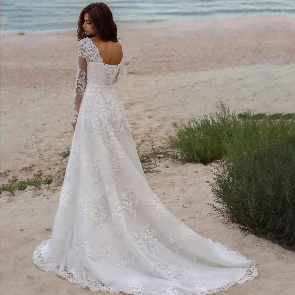 Exquisite Applique Wedding Dress Classic A-Line Customized Illusion Tulle Long Sleeve Bride Sexy Backless Lace Up Gowns Robe