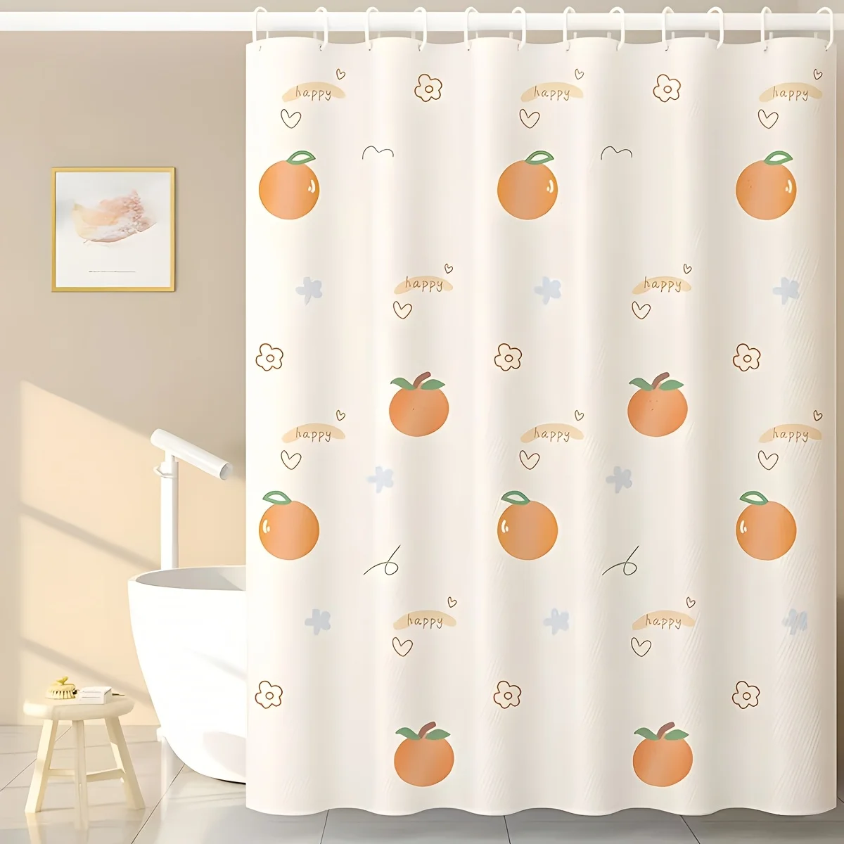 1pc Happy Orange Print Shower Curtain, High-End Bathroom Partition Curtain, Window Curtain, Door Curtain, Restroom Privacy Curta