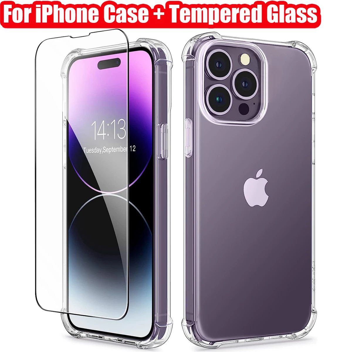 Clear Phone Case For iPhone 14 13 11 12 Pro Max 7 8 Plus XR XS Max Anti-Burst Screen Protector (Transparent Case+Tempered Glass)