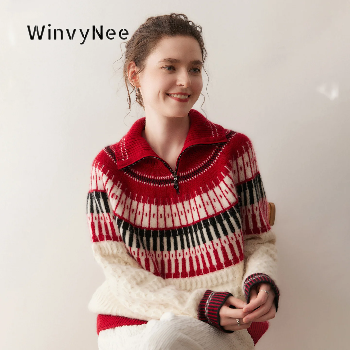 WinvyNee Womens High Neck Half Zip Jacquard Pullovers Warm Mixed Wool Loose Retro Stripe Soft Autumn Winter Knit Top A1654027