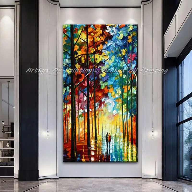 Arthyx Hand Painted Knife Tree Landscape Oil Painting On Canvas,Modern Abstract Wall Art,Picture For Living Room,Home Decoration