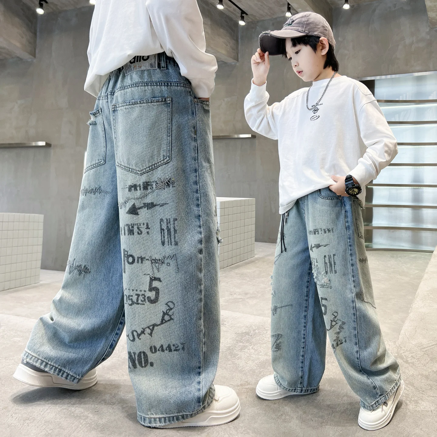 

Kids Spring Streetwear Y2K Hip-Hop Letter Print Loose Jeans for Boys Fashion Retro New Trend Denim Pants Children Jeans Trousers