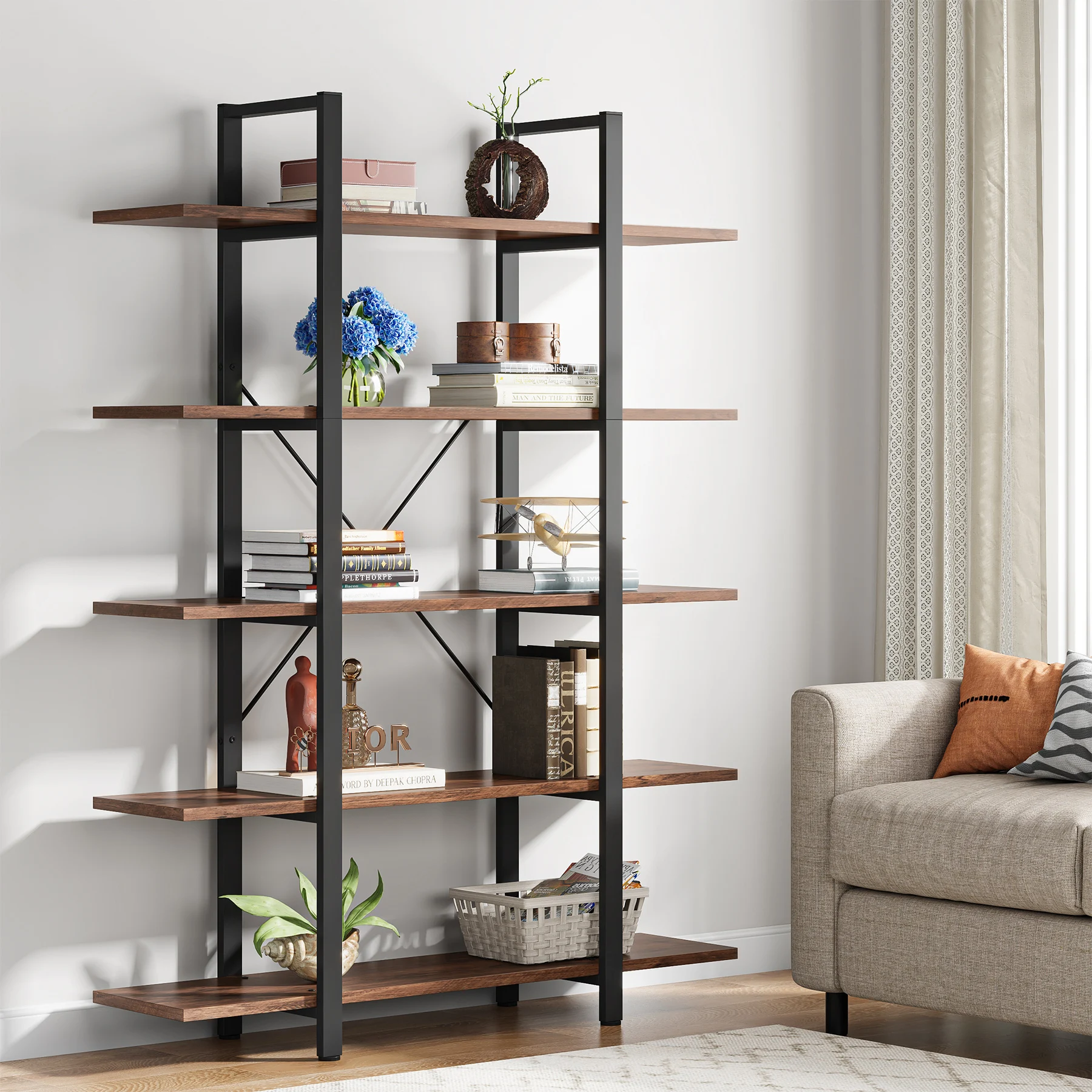 Tribesigns 5-Tier Bookshelf, Vintage Industrial Style Bookcase 72 H x 12 W x 47L Inches