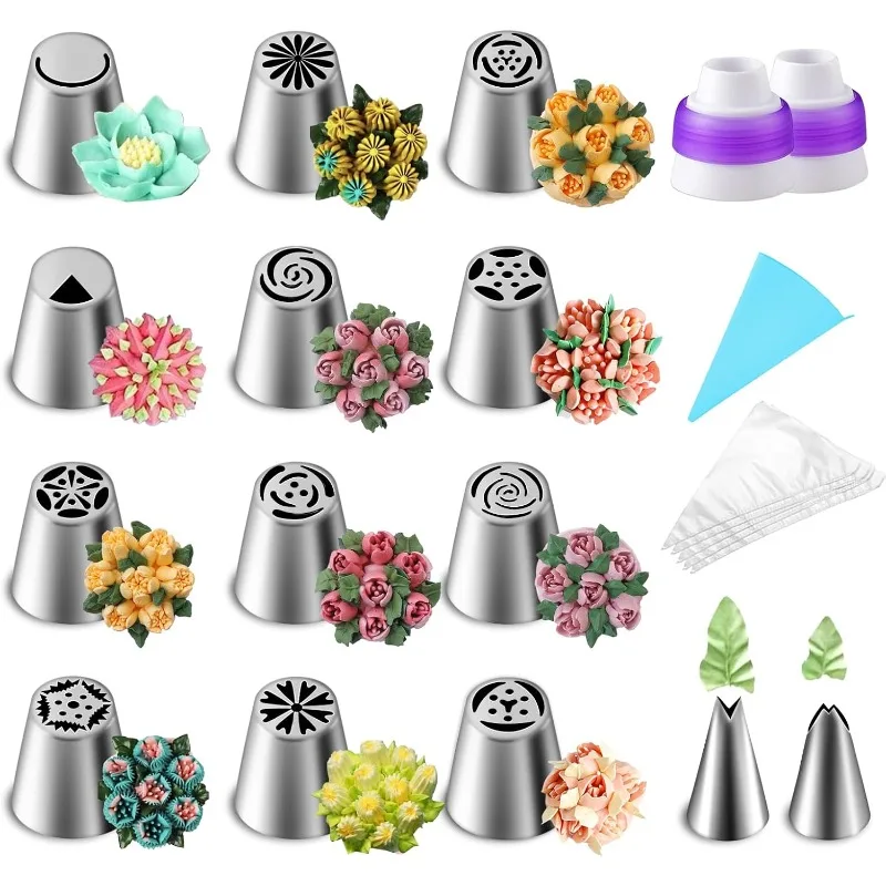 Flower-shaped Russian Piping Tips Nozzle Set for Valentine's Day Birthday Cupcake Cake Cookies Decoration Baking Tool Supplies