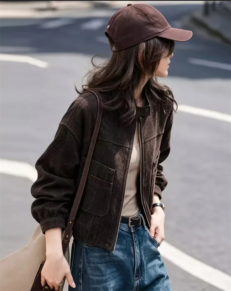 2026 New Women Faux Suede Coat, Autumn Vintage Cargo Style Stand Collar Short Jacket, Versatile Outerwear