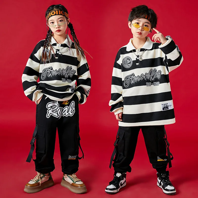 

Kids Hip Hop Striped Sweatshirt Black Cargo Pants Casual Turn-Down Collar Pullovers Street Dance Clothes Set Streetwear Outfits