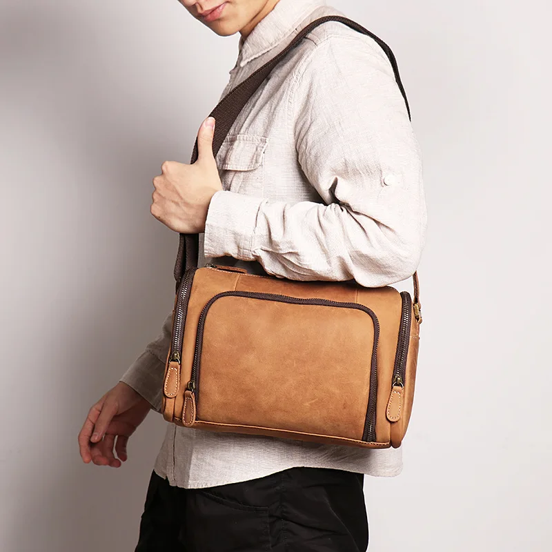 Daily Casual Wild Party Genuine Leather Bag Solid Color Multi-zip Pocket Messenger Bag Handmade Fashion Cylinder Bag for Men