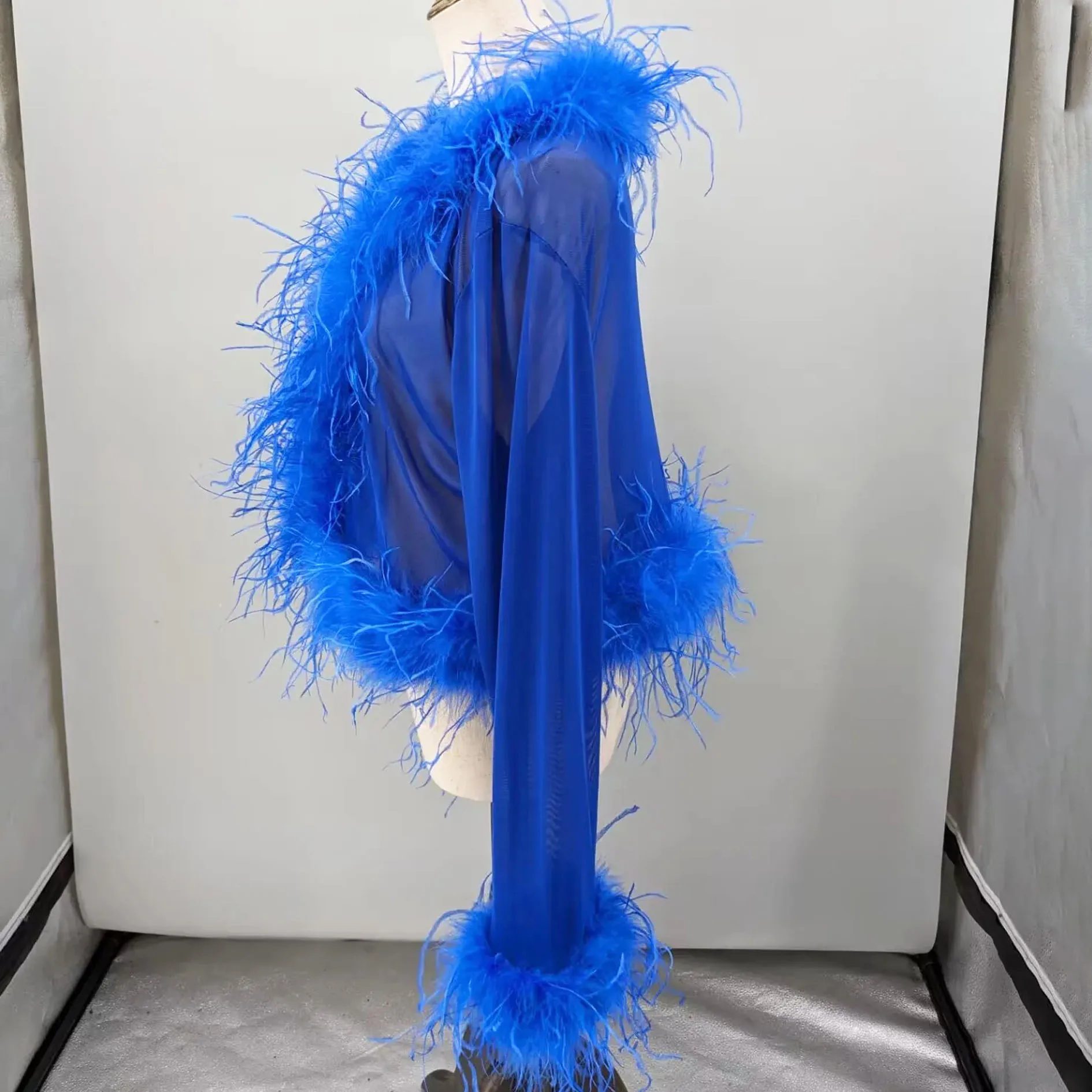 Women See-Through Top with Real Ostrich Feather Brown Black Cropped Jacket Top Bolero 240711