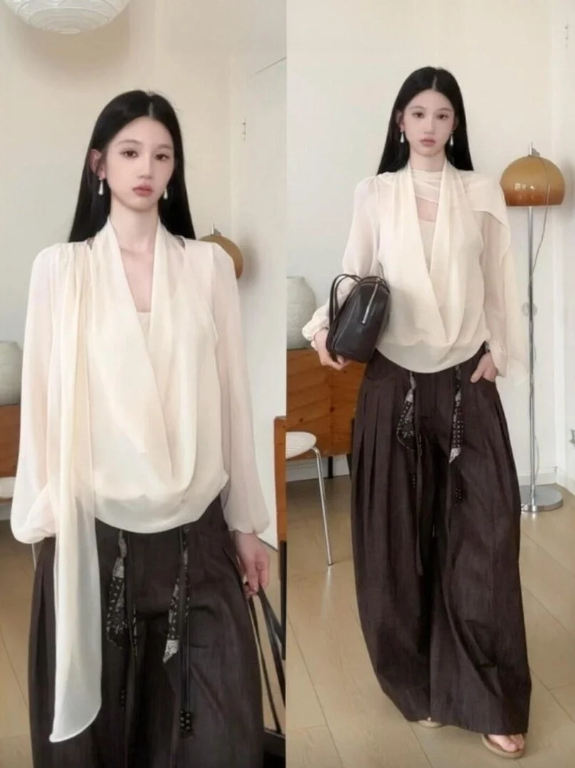 

Французская женская блузка с воротником-стойкой и длинными рукавами, весенняя коллекция, уникальный элегантный прозрачный дизайн, модная, молодежный стиль