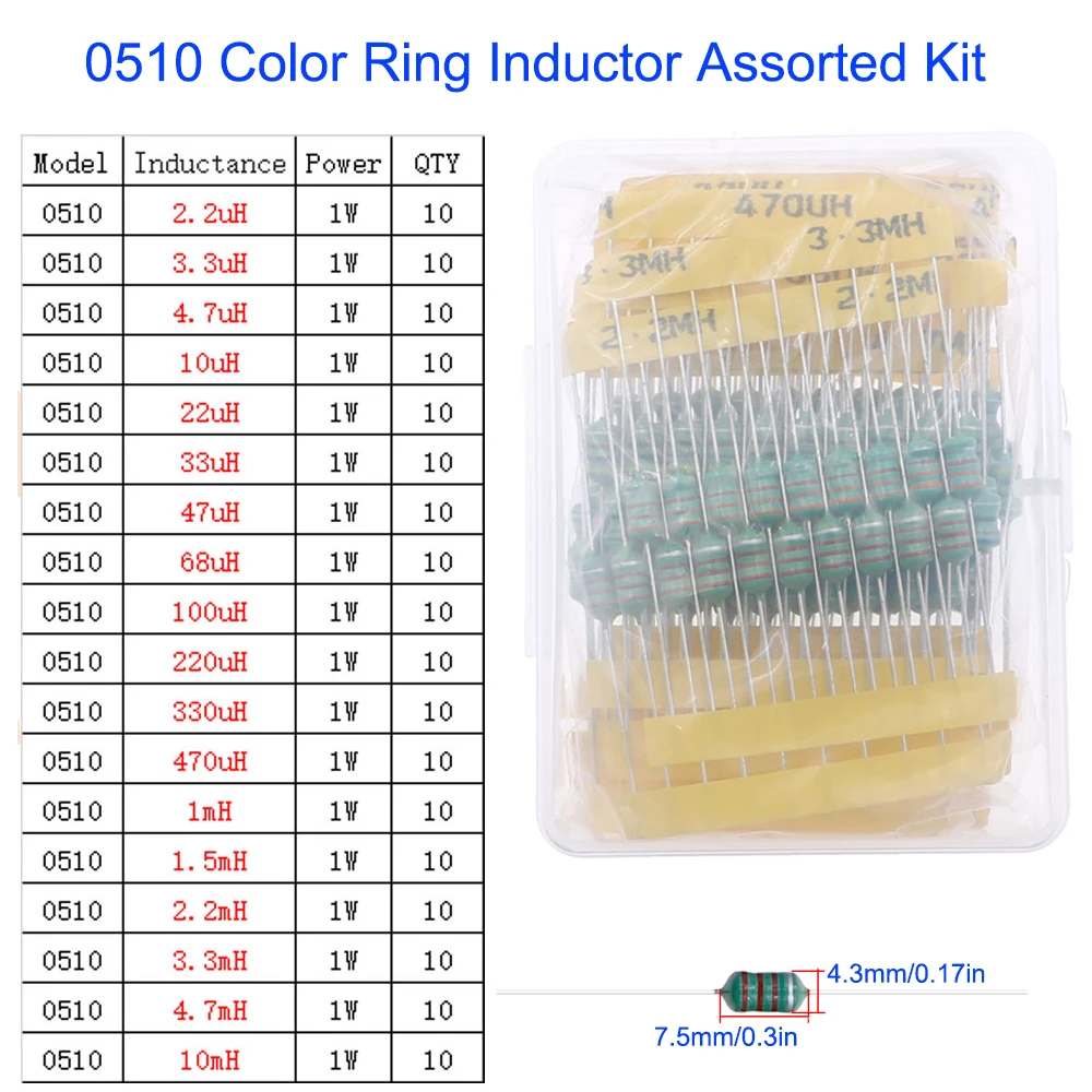 18Values 180pcs 0510 Color Ring Inductor Assorted Kit 2.2uH-10MH 1W 2.2UH 3.3UH 10UH 220UH 47UH 470UH 1MH 10HM Inductors Set