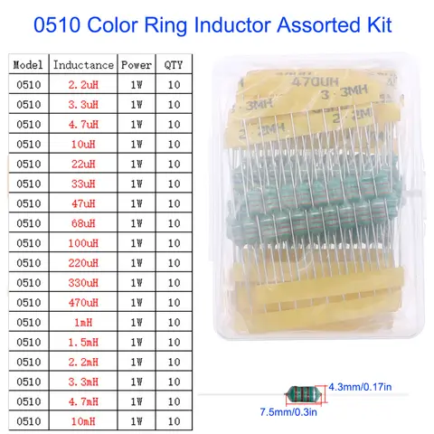 18Values 180pcs 0510 Color Ring Inductor Assorted Kit 2 2uH 10MH 1W 2 2UH 3 3UH 10UH 220UH 47UH 470UH 1MH 10HM Inductors Set