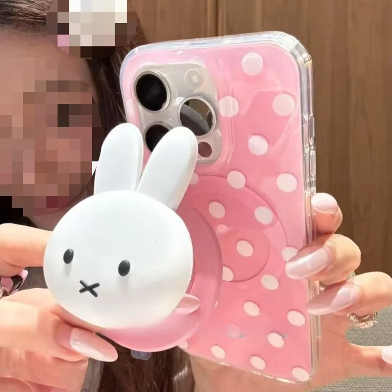 ​Miffy Pastel Phone Case for IPhone 16ProMax15 Magnetic Anti-Drop Ultra-Thin Strong Magnetic Kawaii 3D Bunny Head Phone Stand