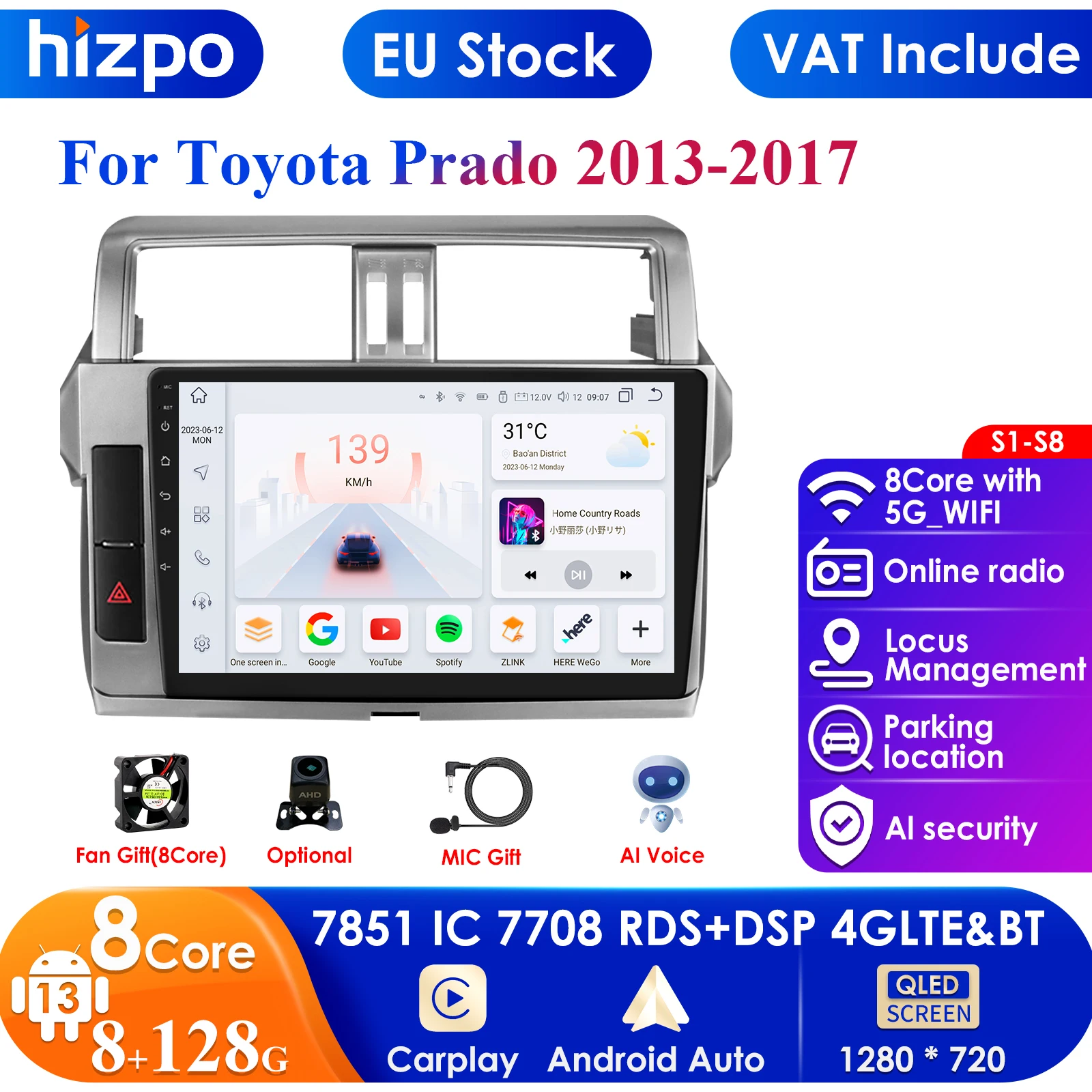 2 Din Android Auto Carplay Stereo For Toyota Land Cruiser Prado 150 2013 - 2017 Car Radio Multimedia Video Player Navigation GPS