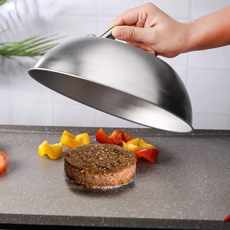 1Pcs Stainless Steel Basting Cover Heatproof Round Cheese Melting Dome Burger Cover Meal Food Cover Kitchen Cooking Supplies