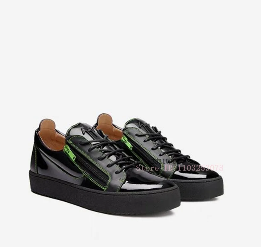 Low Cut Black Velvet Patent Leather Sneakers Side Zipper Lace Up Board Shoes Men Daily Casual Shoes Zapatillas Hombre Chaussure