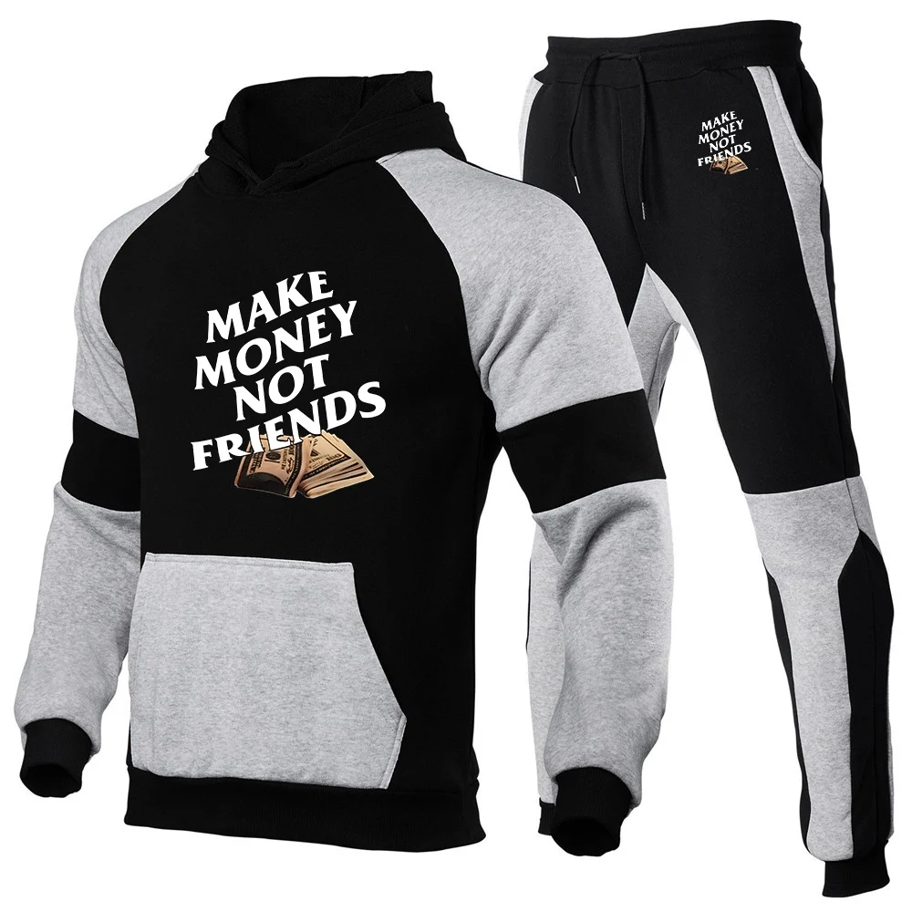 

2026 make money not friends Print Spring Autumn Men's New Patchwork Pullover Hoodies+Drawstring Sports Pants Suit