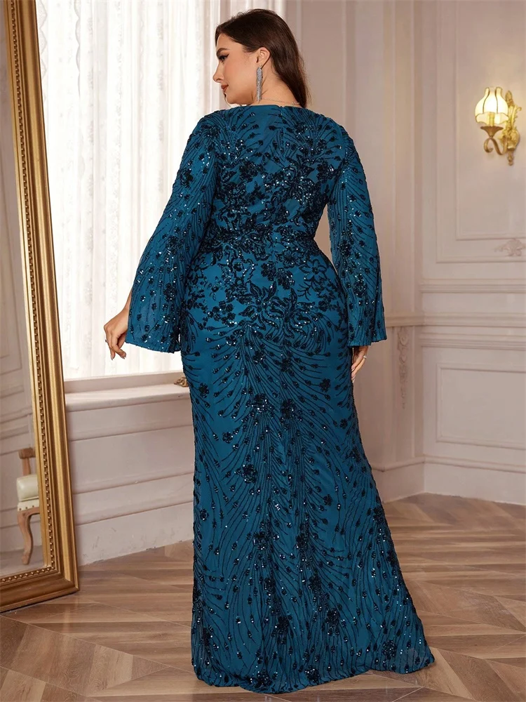 Lucyinlove Plus Größe Luxus Schwarz Abendkleider Frauen Schlitz Langarm Meerjungfrau Formale Pailletten Hochzeit Party Cocktail Kleider – Detail 17