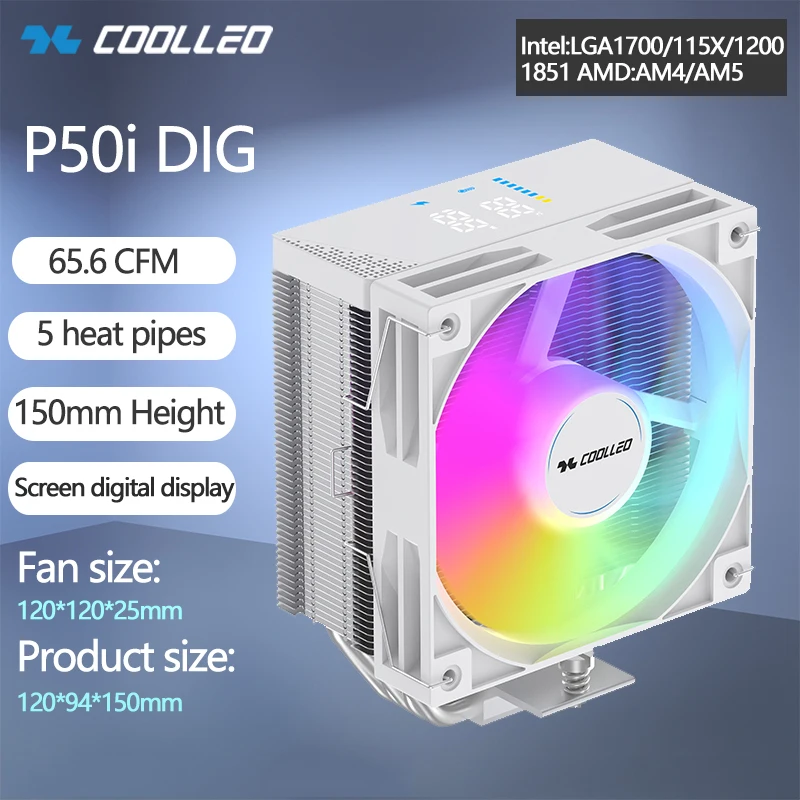 

COOLLEO P50i DIG 5-тепловые трубки, кулер для процессора, дисплей температуры в реальном времени для Intel LGA1700/115X/1200/1851 AMD AM4 AM5