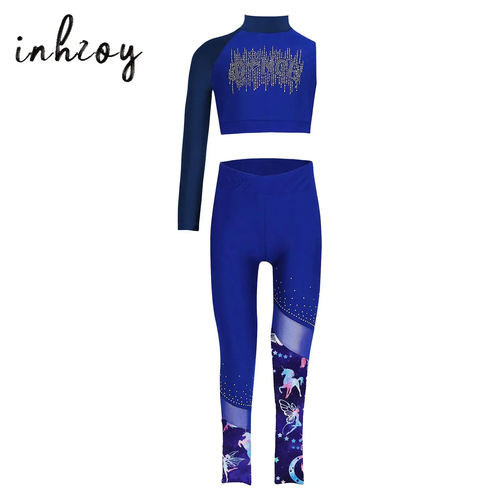 

Girls Sequins Gymnastics Dance Outfits 2-Pieces Mock Neck Asymmetrical One Sleeves Tank Crop Top+Leggings Set Athletic Tracksuit
