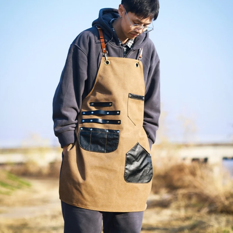 Outdoor Canvas Work Apron Multifunctional Tools Leather Pocket Hook and Loop Design Gardening Woodworking Camping Apron