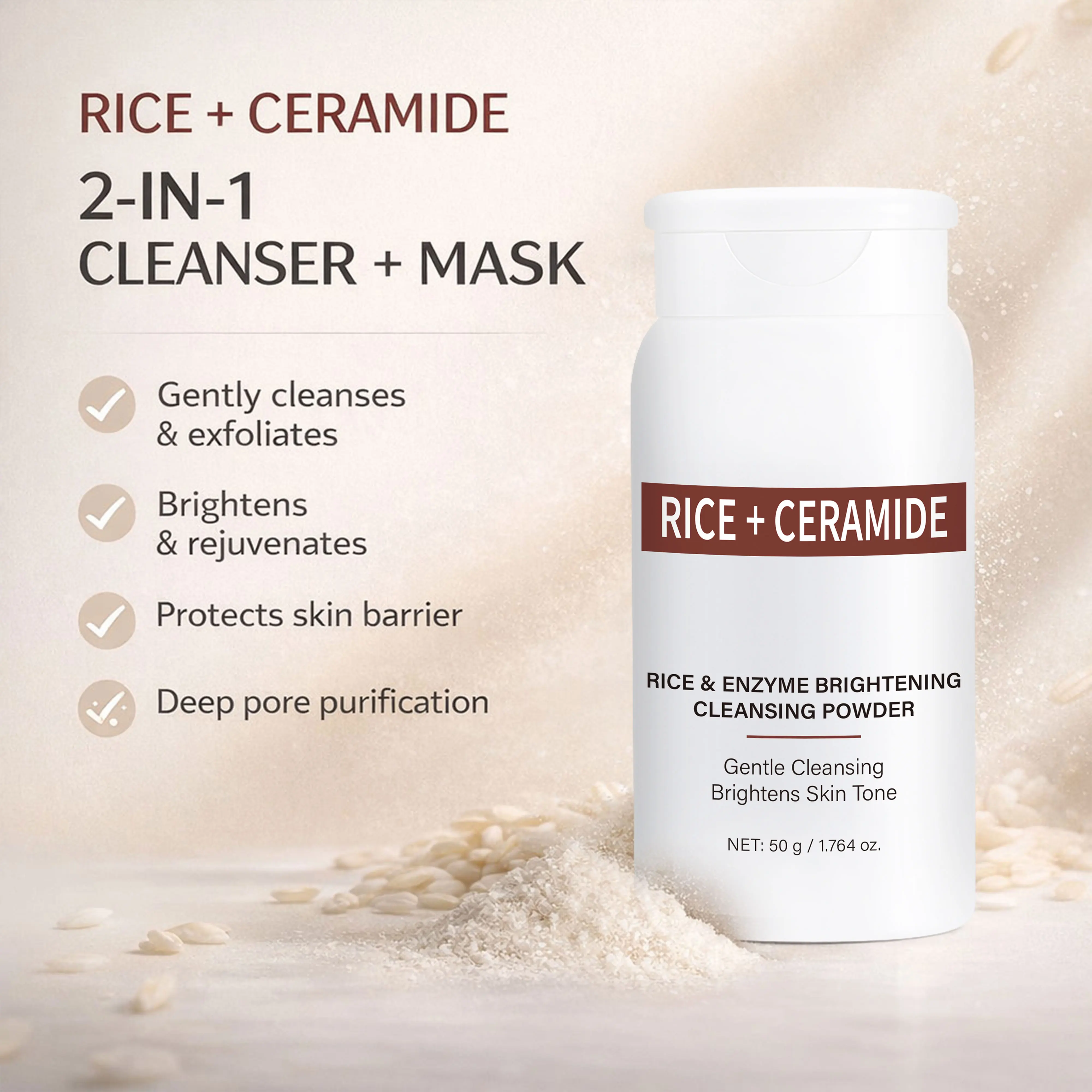 Rice Enzyme Brightening Cleansing Powder, Exfoliating Powder to Foam Cleanser, Smooth Texture,Hydrating & Gentle Skin Care 50g