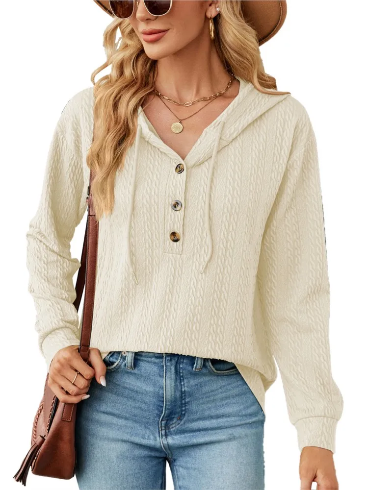 

Solid Color Hooded Drawstring Fashion Button Loose Long Sleeved Sweatshirt Women's Clothing Women's Autumn Winter New Item