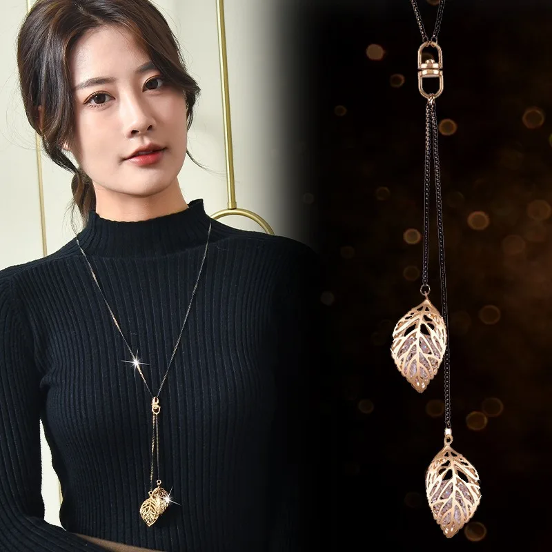قلادة كريستال متعددة الاستخدامات بشرابة مزدوجة الورقة لخريف وشتاء طويل، قلادة سترة على شكل سلسلة من أوراق الشجر