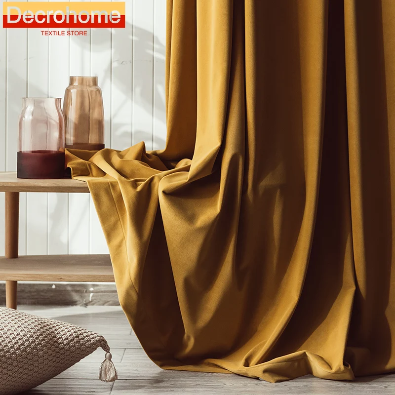 Luxury Gold Orange Velvet Curtains for Living Room Bedroom Modern Velvet Vintage Turmeric Bright  Elvet Curtains Customize