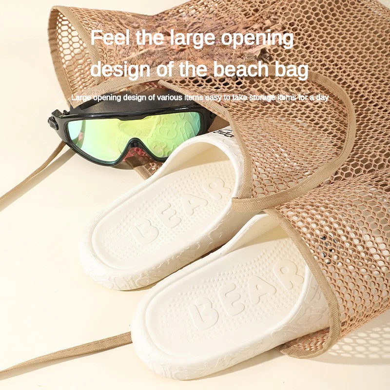 Portable Large Capacity Beach Bag Folding Business Travel Storage Bag Women Summer Outdoor Mezzanine Mesh Handbag