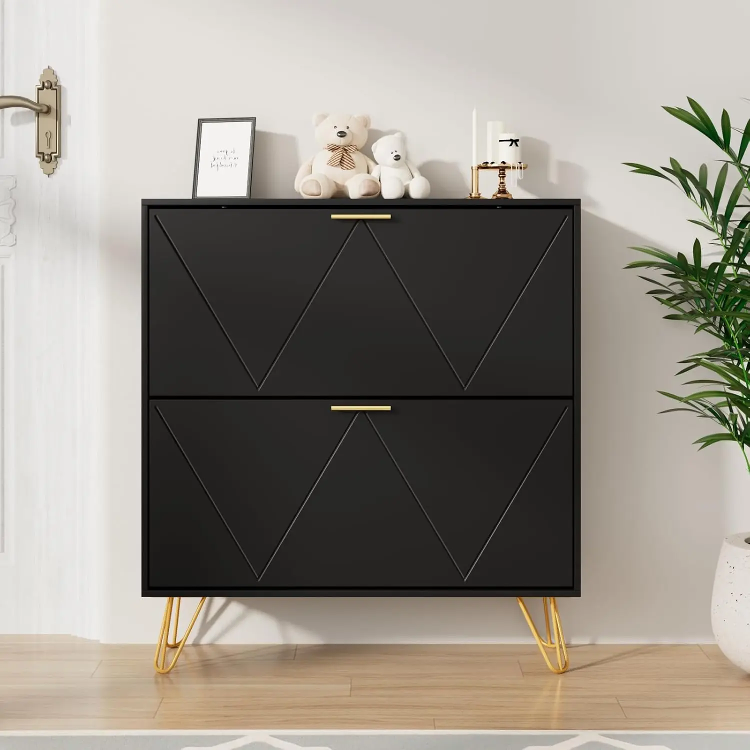 خزانة أحذية سوداء رفيعة مع درجين، منظم مدخل ضيق بمقبض معدني وأرجل #5