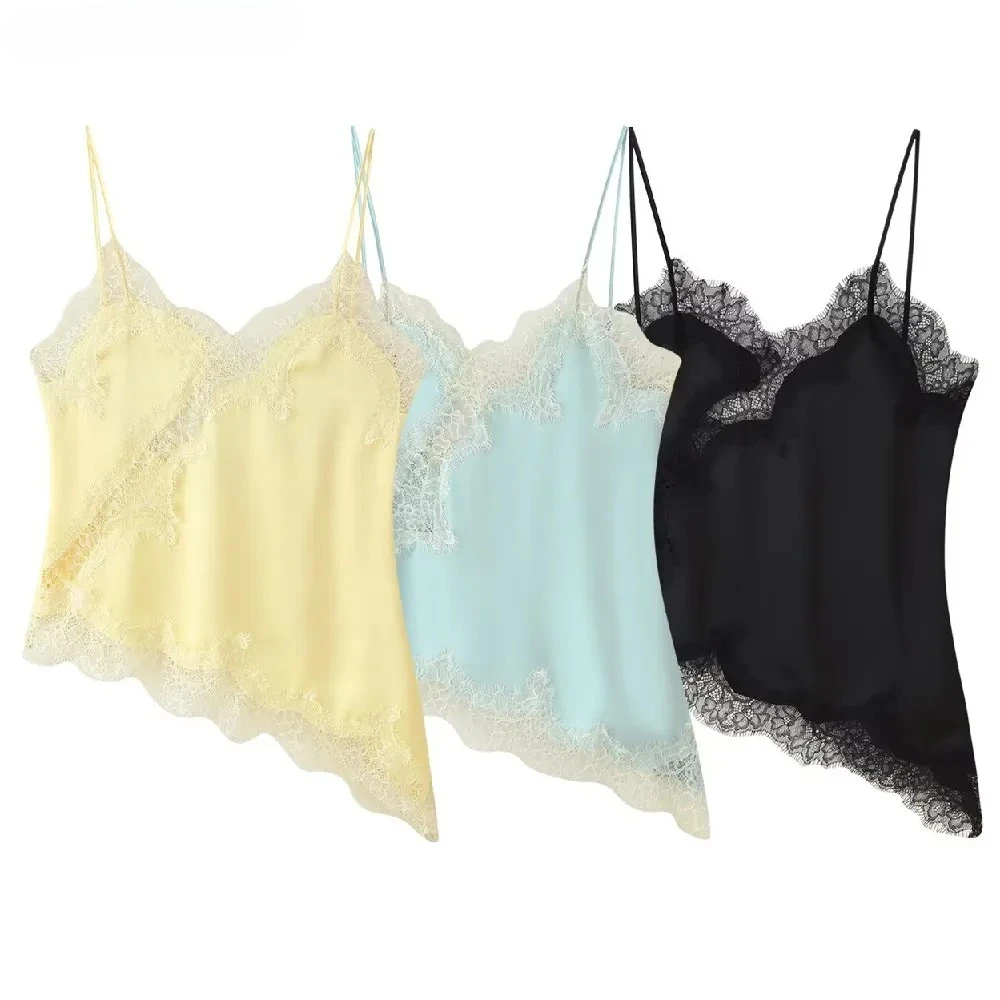 

3 colors 2025 Sexy Hollow Out See Through Lace Spliced Satin Camis Women Oblique Hem Asymmetric Camisole Tank Tops Crop tee