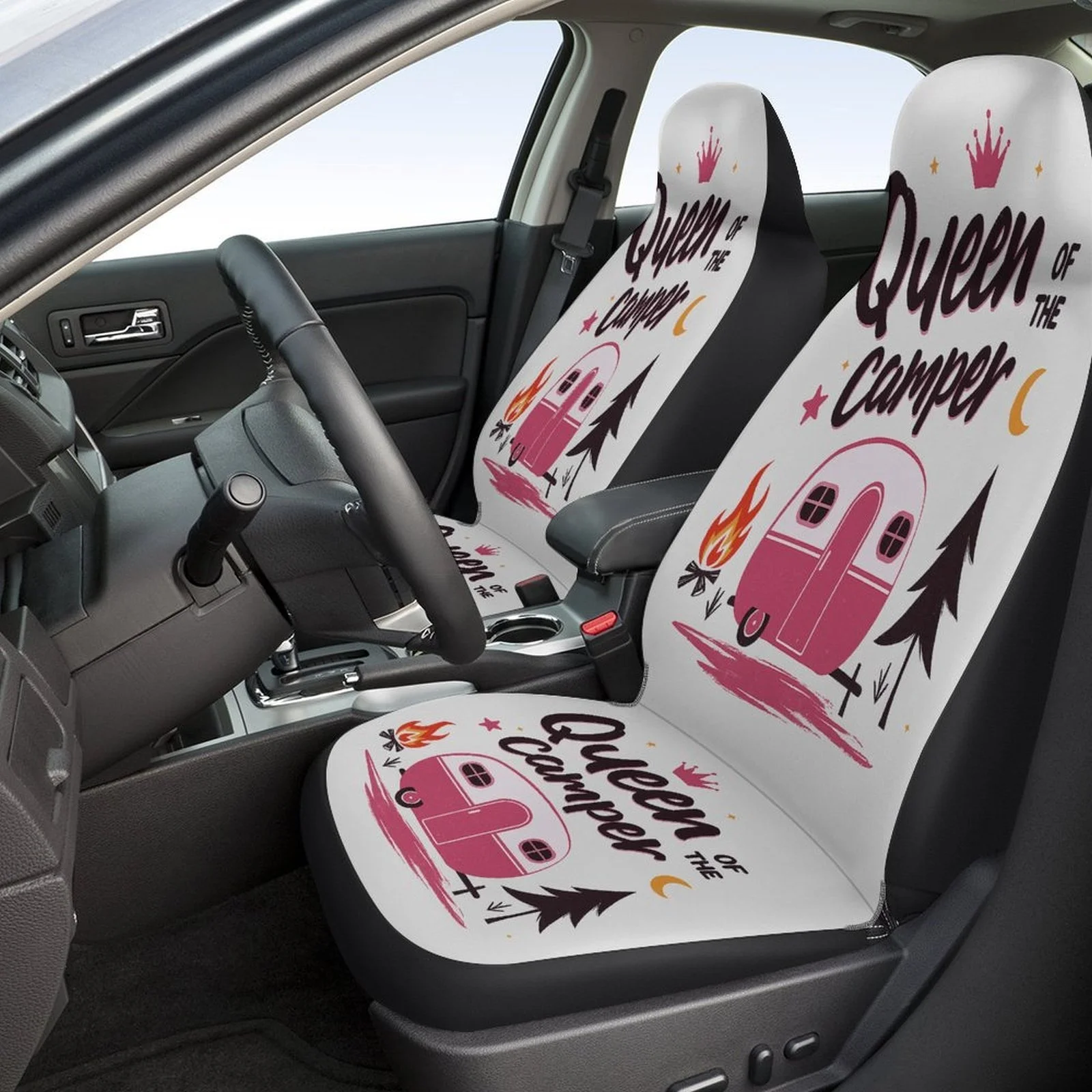 Camper Adventure Themed Car Seat Cover Set - Trendy High-Quality Polyester Full Set For Most Cars, Fit For 2 Front & Rear Seats,