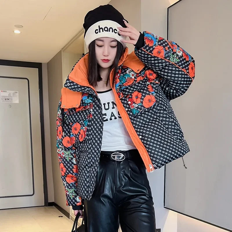 New Down Cotton-Padded Jacket Printed Hooded Thickened Loose Warm Padded Jacket Female Winter Flower Cotton-Padded Jacket