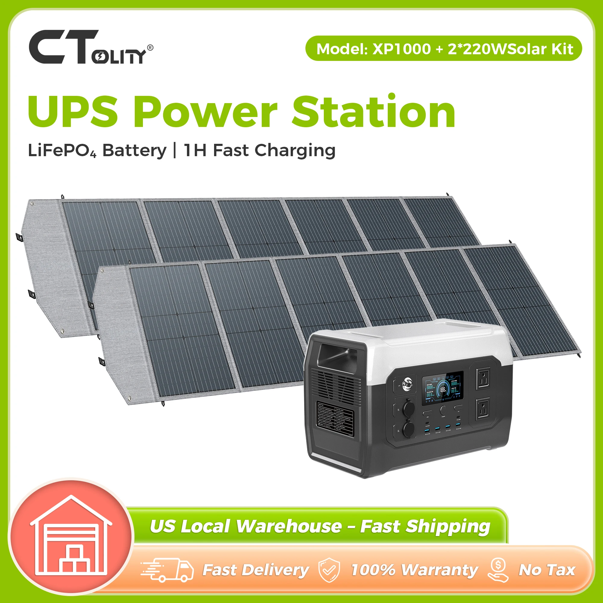 CTOLITY Camping Power Station 1800W Portable Solar Generator 1024Wh Lifepo4 AC Output EVA 2*220W Solar Panels USB TYPE-C Port